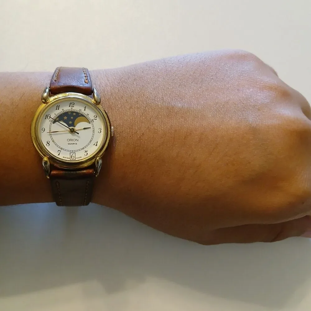 Parts/Repair Vintage 90s Orion Swiss Quartz Moon Phase Watch Leather Strap 26mm
